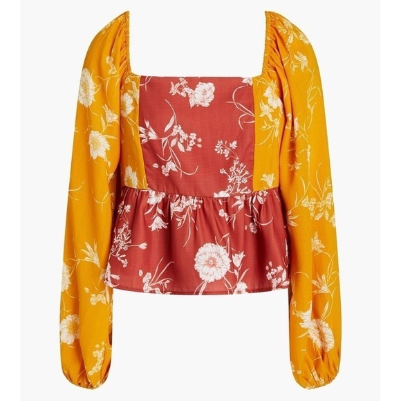 WALTER BAKER 70s Floral Colorblock Off Shoulder Puff Long Sleeve Ruffle Top M - Picture 7 of 8